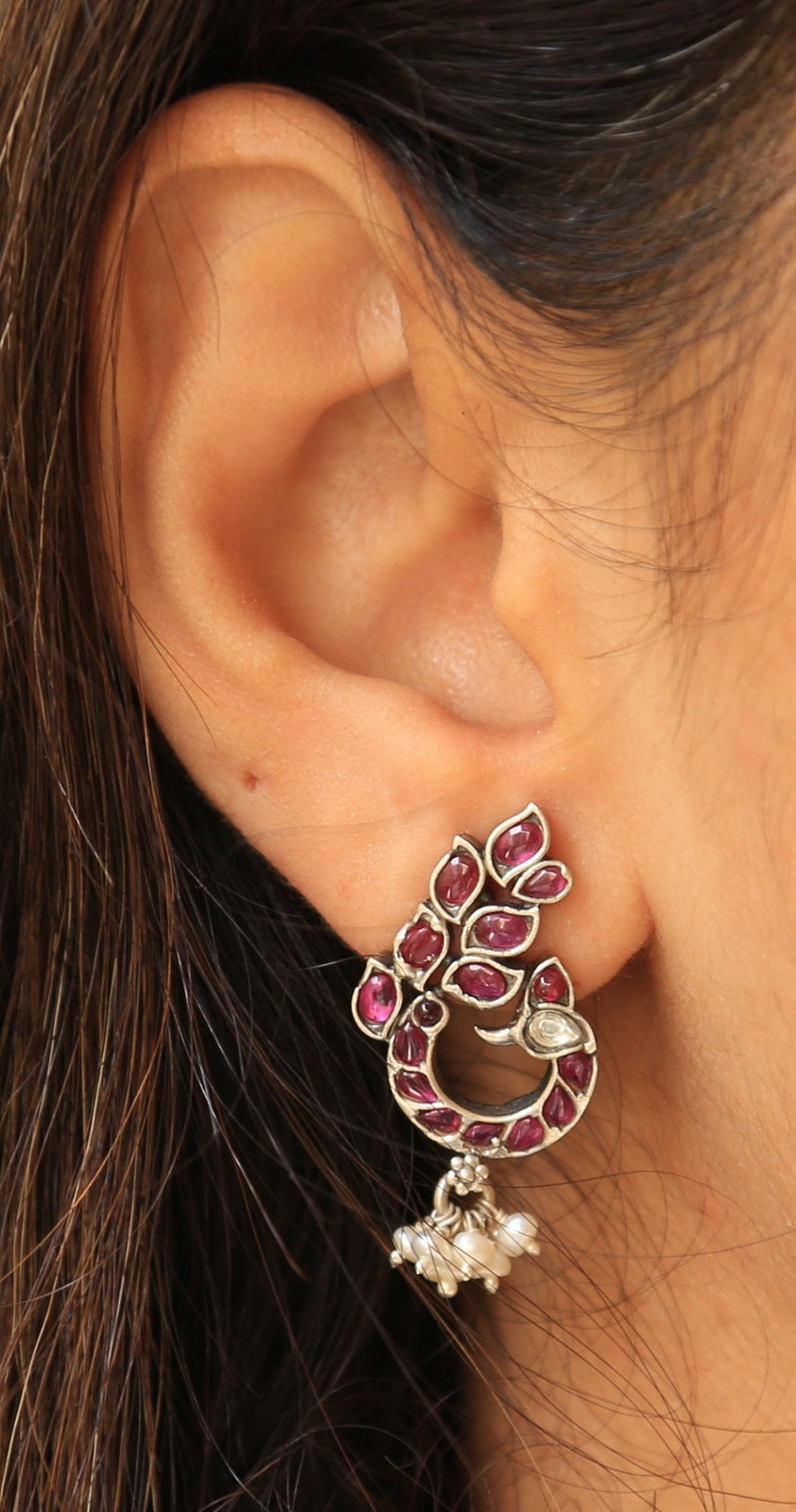 Red Viva Beauty Peacock Silver Earrings