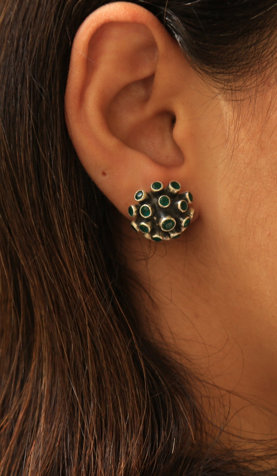 Green Stone Flower Bud Silver Earrings