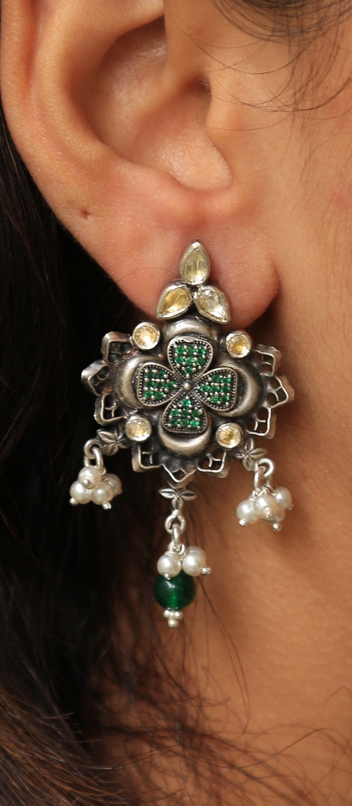 Pristine Green Silver Antique Pearl Earrings