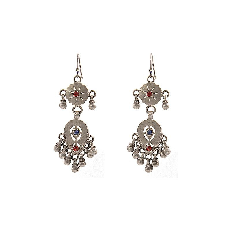 Close-up of Aaybaba Afghan Chandelier Earrings showcasing red and blue stone settings arranged in intricate floral motifs. These captivating earrings exude exotic elegance and are inspired by Afghan traditional craftsmanship.