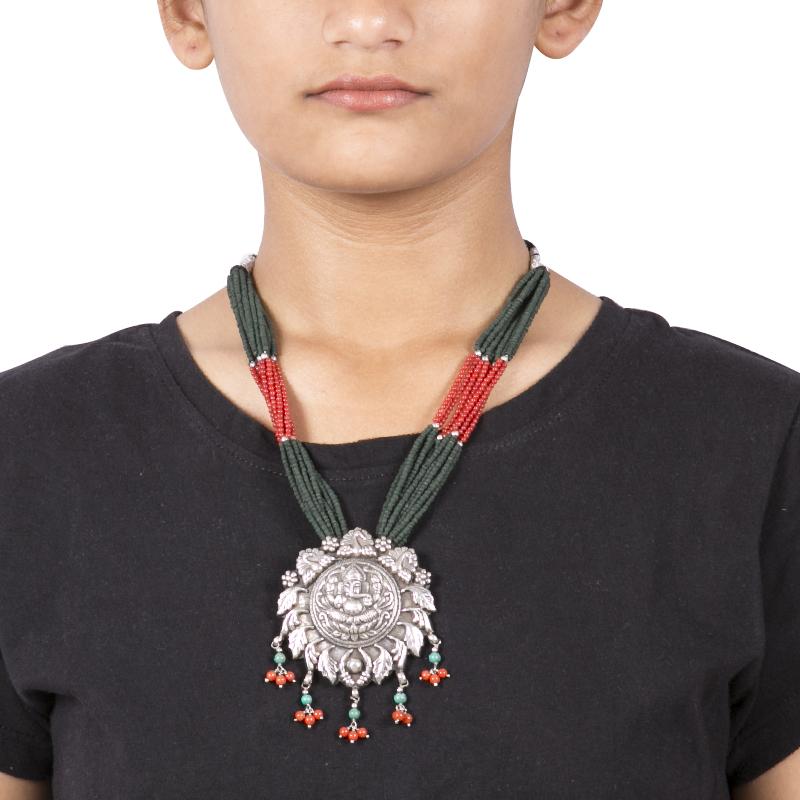 TURQUOISE & CORAL OXIDIZE GANESH NECKLACE