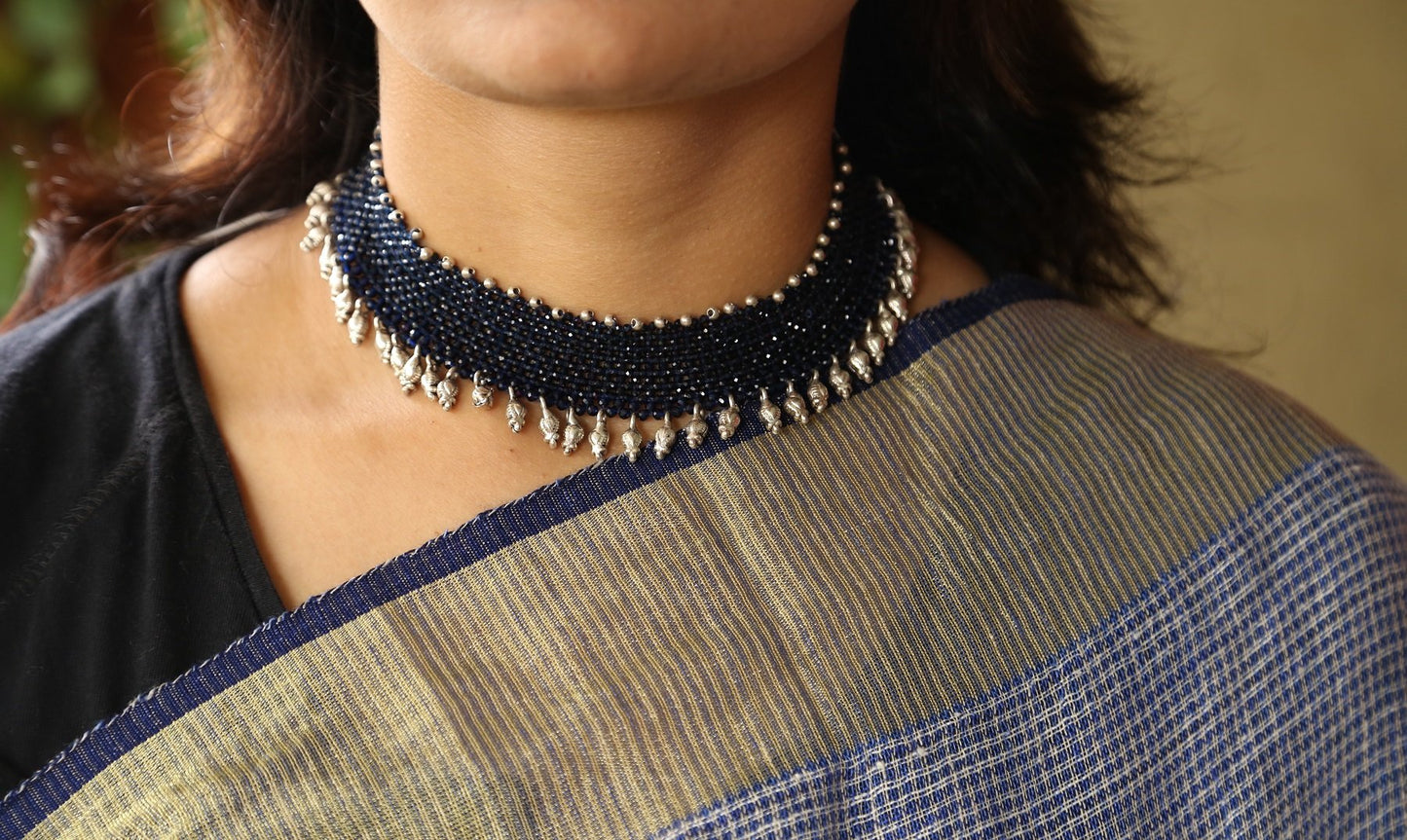 Sapphire Blue Net Chokar & Floral Motifs