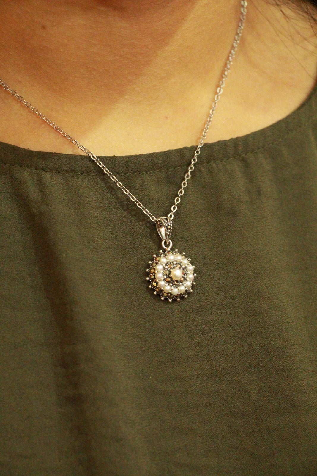 Pearl Marcosite Silver Pendant Set