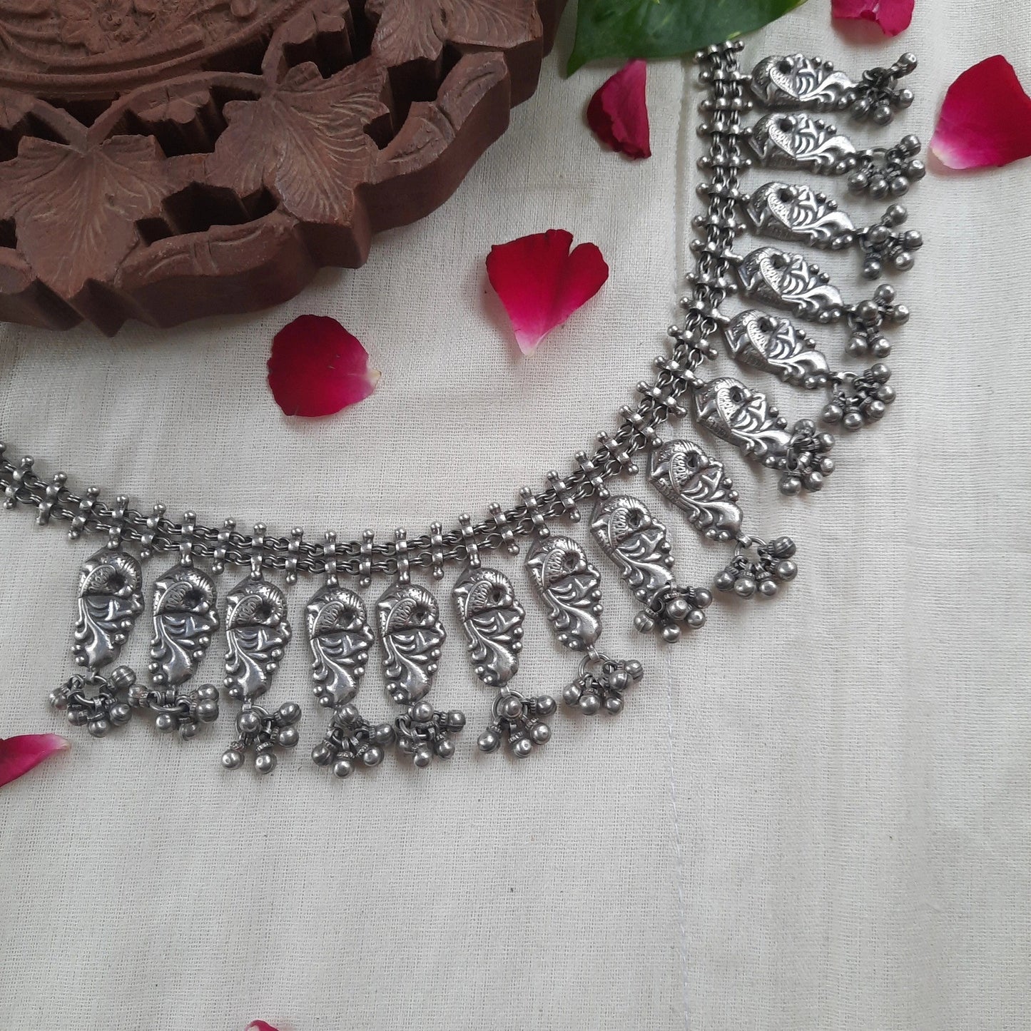 Sundari Jhalar Necklace - 925 silver necklace with peacock motifs at the center, accompanied by matching earrings, showcasing the rich heritage of Rajasthani artisans.