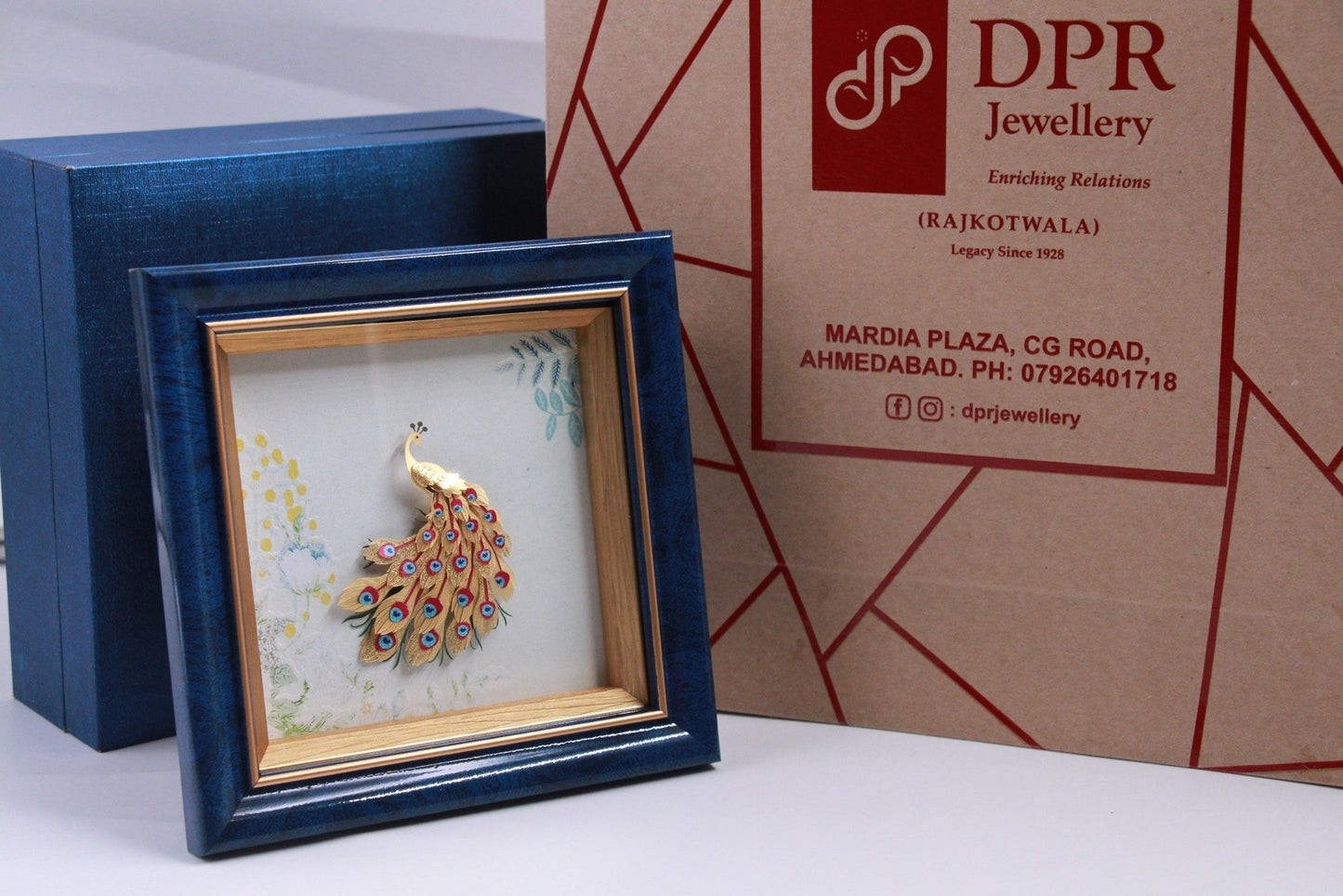 Dancing Peacock with Red - Blue Mini Colour 24K Gold Frame