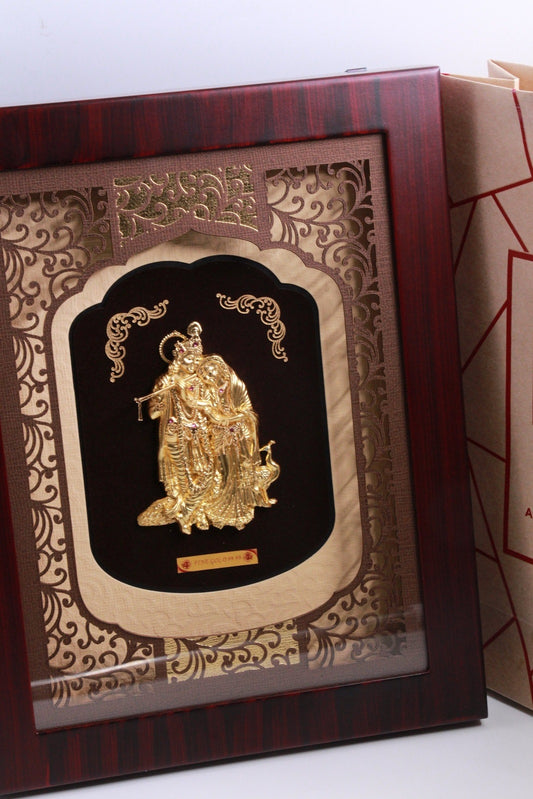 24K Gold Foil Radha Krishna Goddess in Rosewood Frames