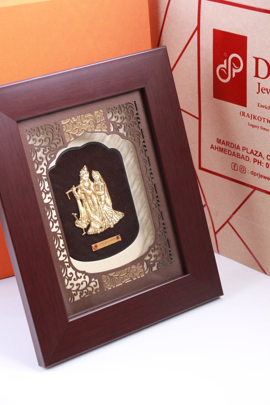 24K Gold Foil Radha Krishna Solid Carving Frame