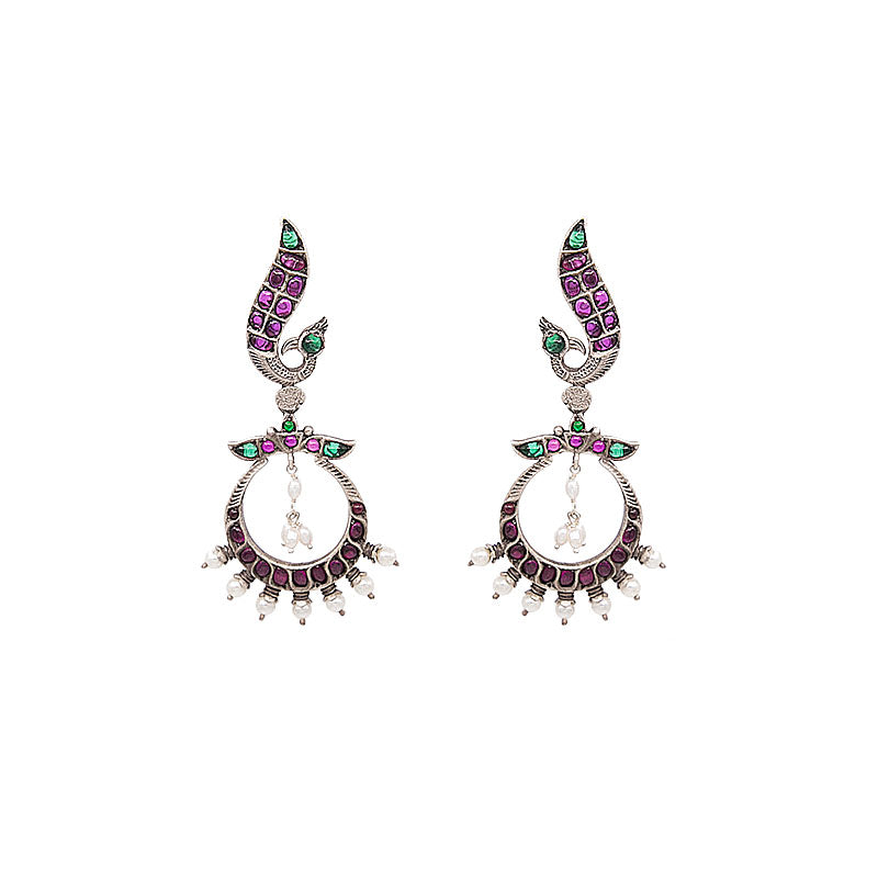 SILVER ANTIQUE PEACOCK DROP EARRINGS