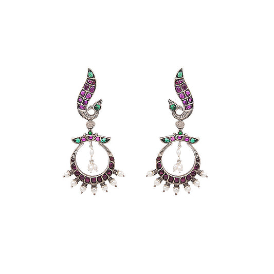 SILVER ANTIQUE PEACOCK DROP EARRINGS