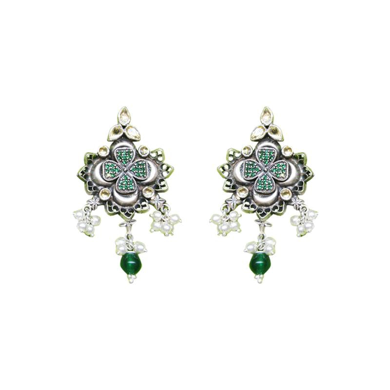 Pristine Green Silver Antique Pearl Earrings