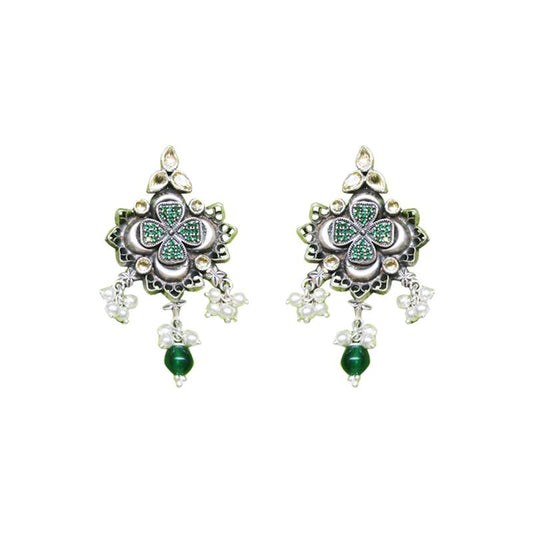 Pristine Green Silver Antique Pearl Earrings