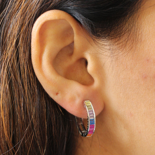 Rainbow Cz Silver Hoop Earrings