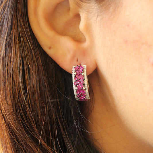 Scarlet Pink Cz Diamond Hoops