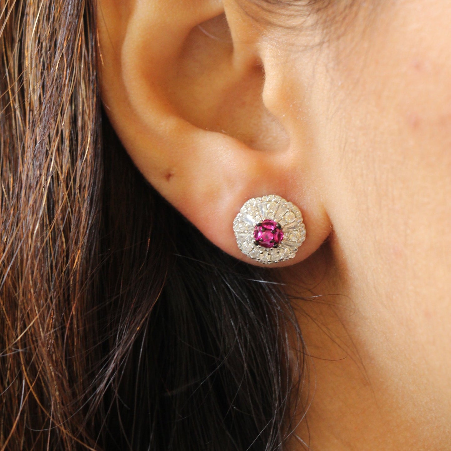 Diamond White & Pink Christmas Stud Earrings