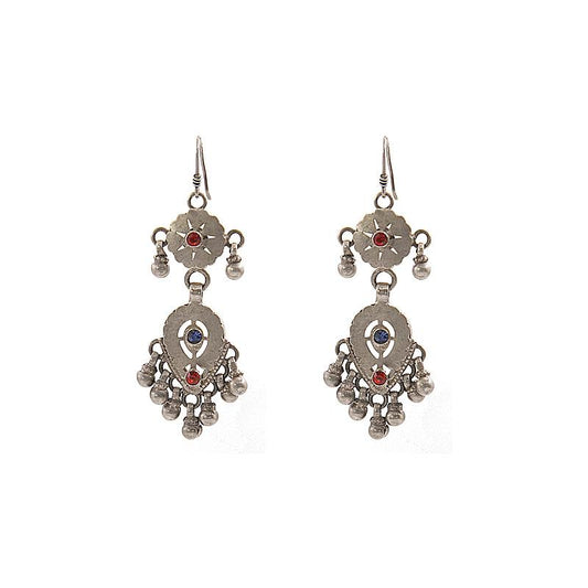 Close-up of Aaybaba Afghan Chandelier Earrings showcasing red and blue stone settings arranged in intricate floral motifs. These captivating earrings exude exotic elegance and are inspired by Afghan traditional craftsmanship.