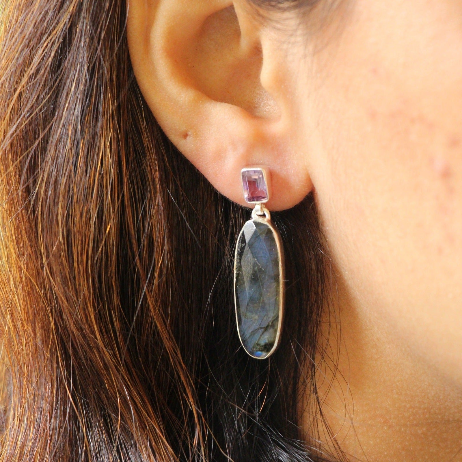 Wine & Grey Stone Dangler Earrings
