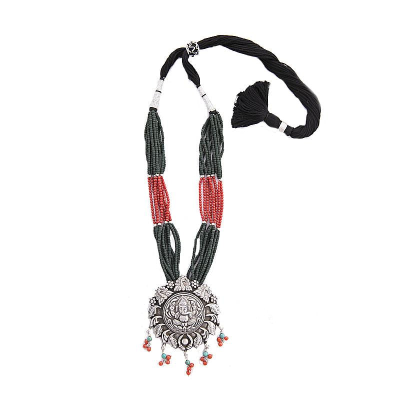 TURQUOISE & CORAL OXIDIZE GANESH NECKLACE