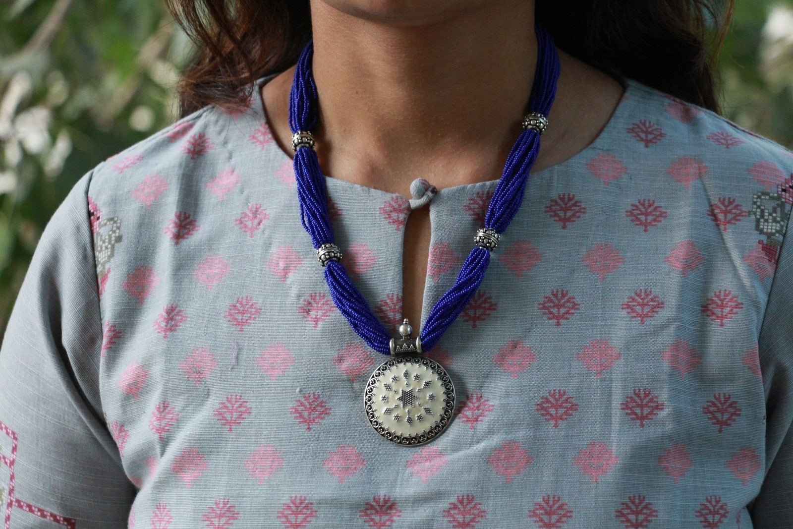 Blue Beads & White Floral Necklace