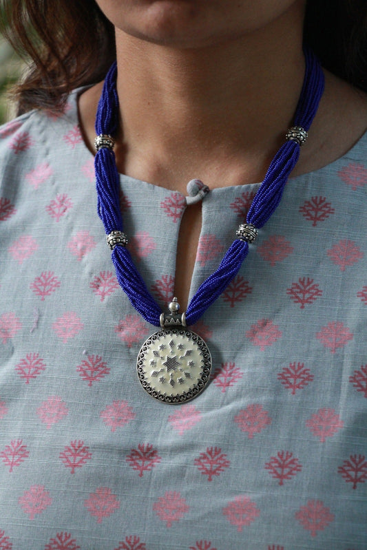 Blue Beads & White Floral Necklace