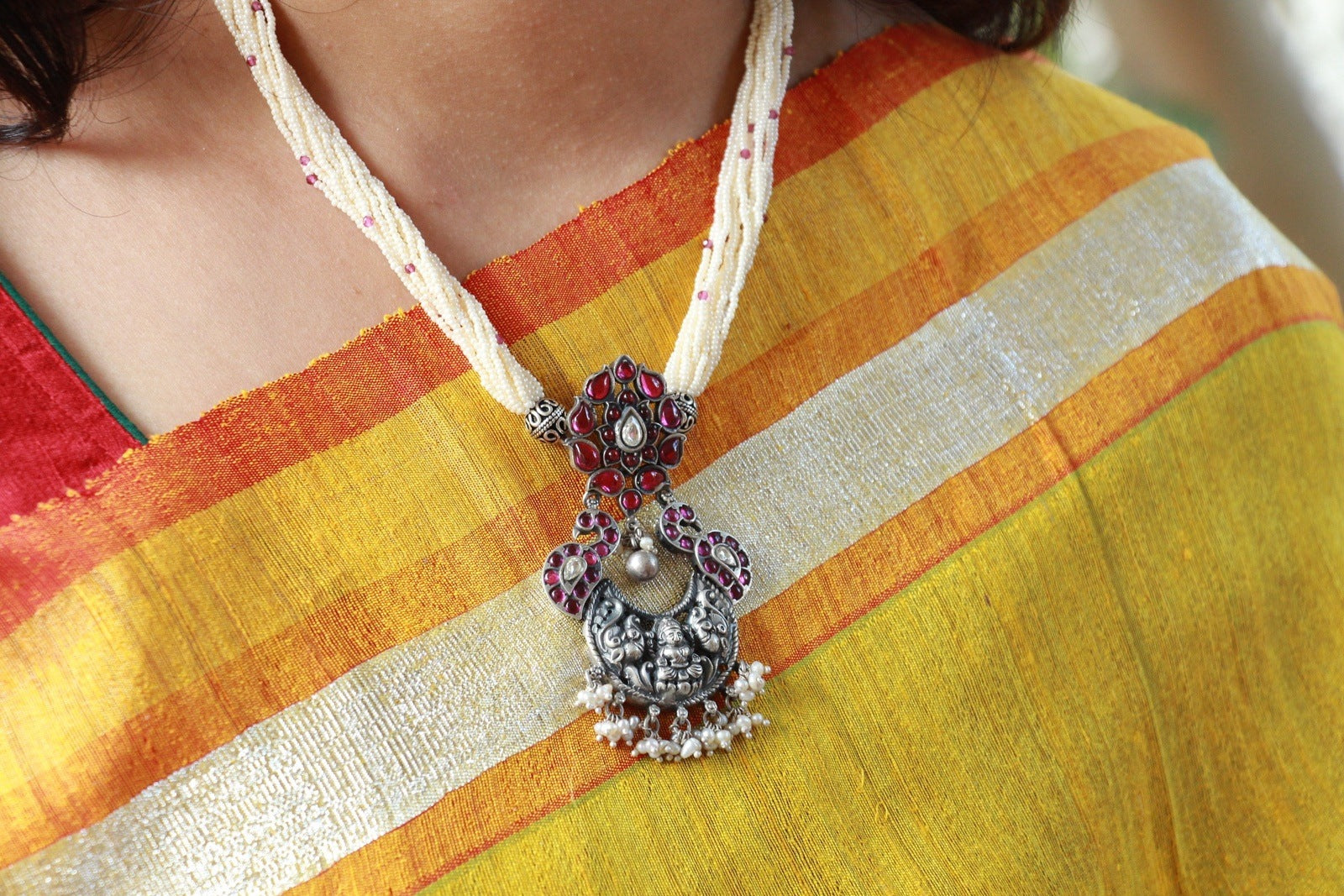 Lakshmi Temple Necklace with Pearls