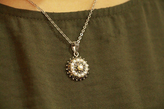 Pearl Marcosite Silver Pendant Set