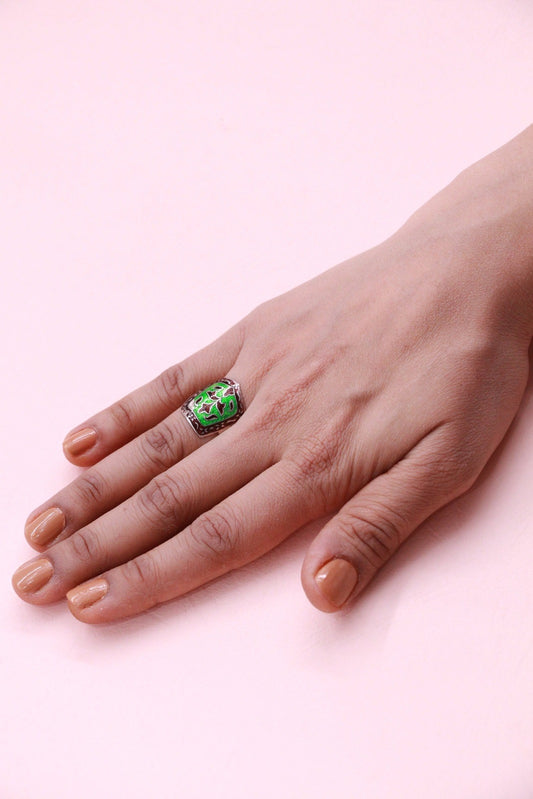 Minakari Green Brown Silver Ring