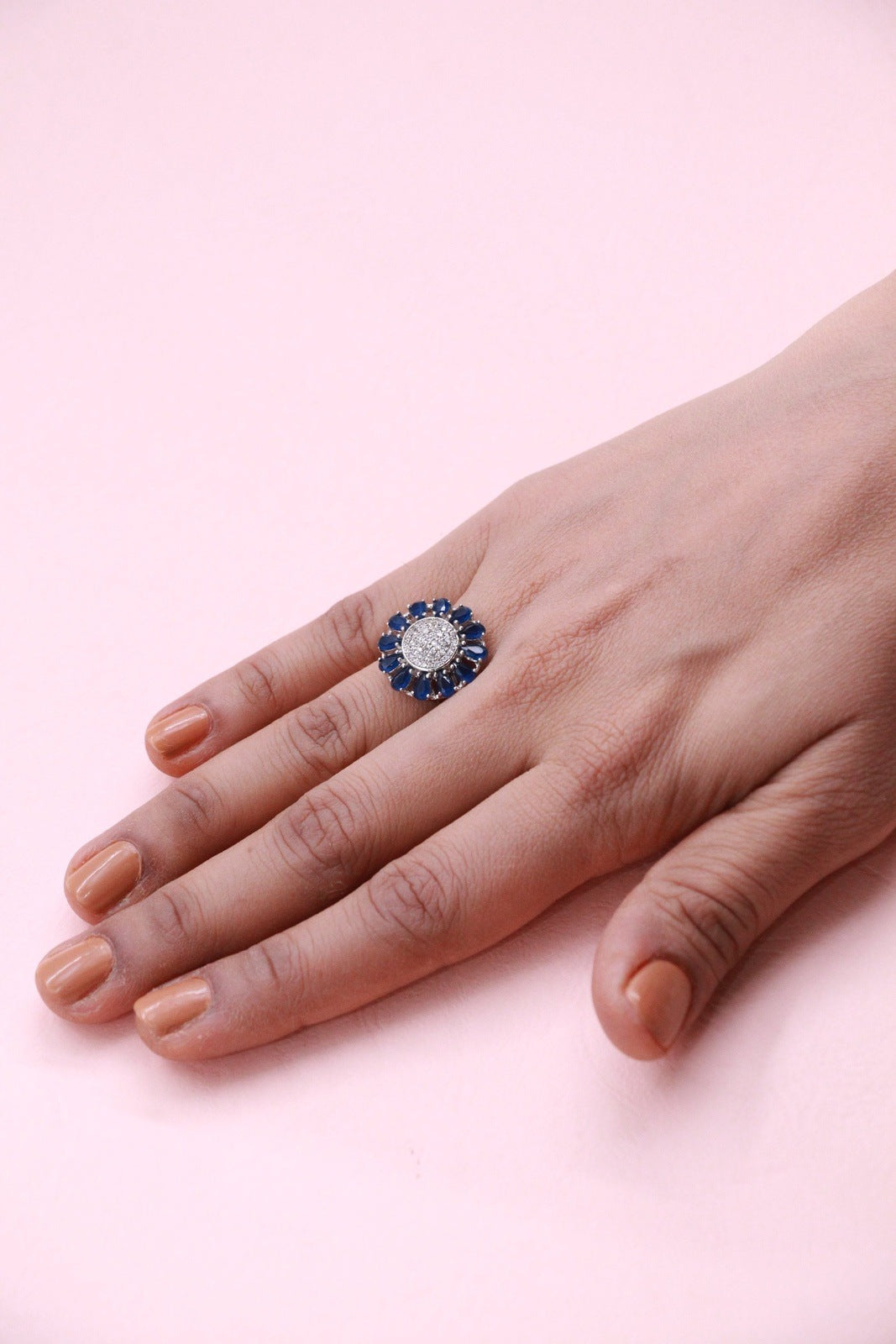 Sapphire CZ Floral Silver Ring